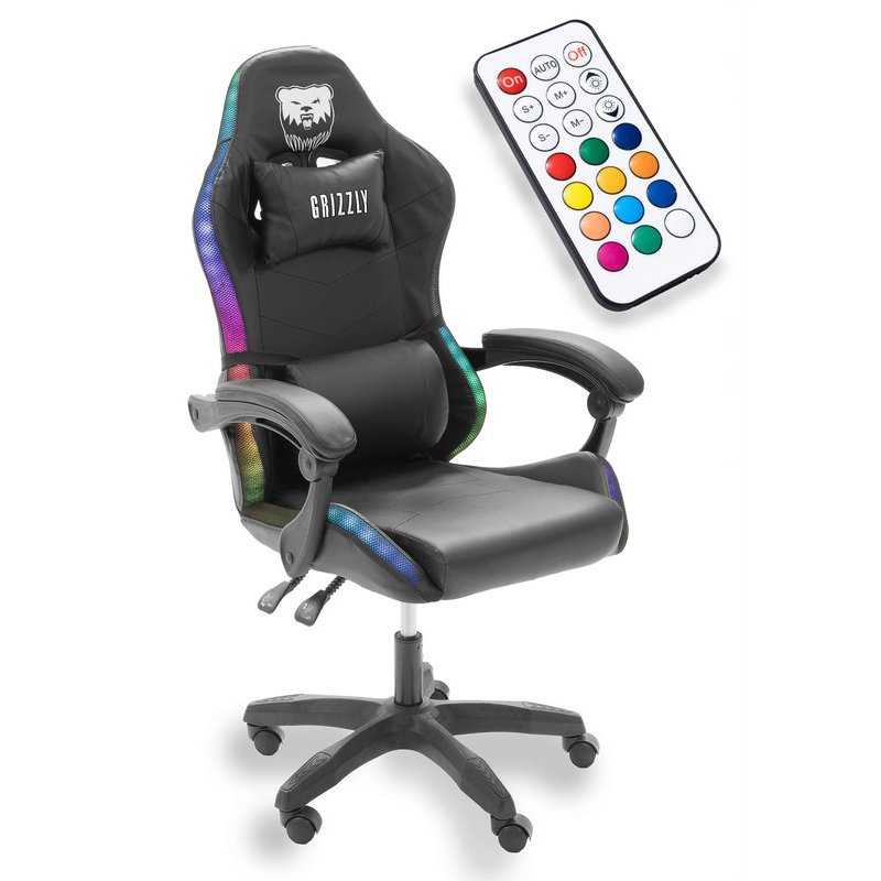 Геймерське крісло Grizzly з RGB LED підсвіткою (12 режимів), Чорний