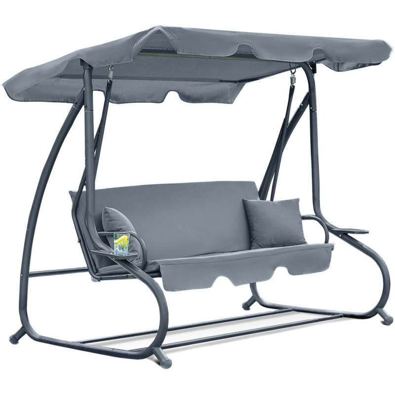 Садова гойдалка - лежак 2в1 “Relax Plus“ FunFit​​​​​​​ 3 місна, з навісом і подушками, для двору, саду, тераси (Сіра)